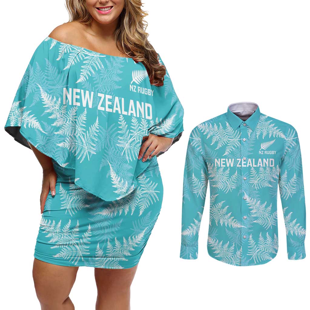 New Zealand Silver Fern Rugby Custom Couples Matching Off Shoulder Short Dress and Long Sleeve Button Shirt Go Aotearoa Champions Turquoise Version - Aussie Hoodie
