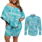 New Zealand Silver Fern Rugby Custom Couples Matching Off Shoulder Short Dress and Long Sleeve Button Shirt Go Aotearoa Champions Turquoise Version - Aussie Hoodie
