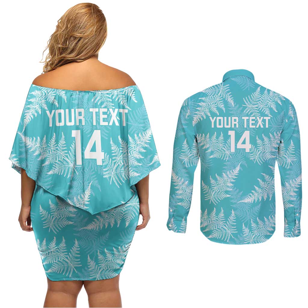 New Zealand Silver Fern Rugby Custom Couples Matching Off Shoulder Short Dress and Long Sleeve Button Shirt Go Aotearoa Champions Turquoise Version - Aussie Hoodie