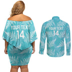 New Zealand Silver Fern Rugby Custom Couples Matching Off Shoulder Short Dress and Long Sleeve Button Shirt Go Aotearoa Champions Turquoise Version - Aussie Hoodie