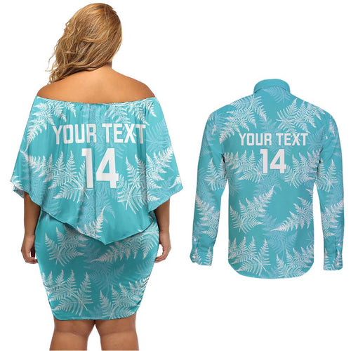 New Zealand Silver Fern Rugby Custom Couples Matching Off Shoulder Short Dress and Long Sleeve Button Shirt Go Aotearoa Champions Turquoise Version - Aussie Hoodie