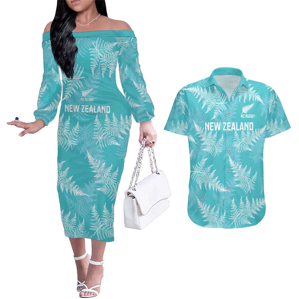 New Zealand Silver Fern Rugby Custom Couples Matching Off The Shoulder Long Sleeve Dress and Hawaiian Shirt Go Aotearoa Champions Turquoise Version - Aussie Hoodie