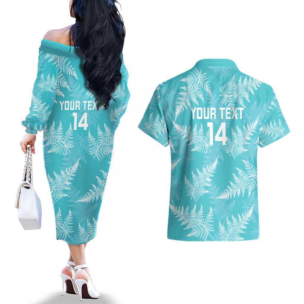 New Zealand Silver Fern Rugby Custom Couples Matching Off The Shoulder Long Sleeve Dress and Hawaiian Shirt Go Aotearoa Champions Turquoise Version - Aussie Hoodie