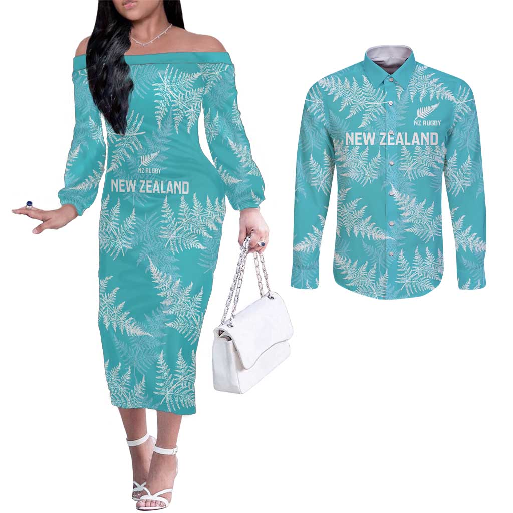 New Zealand Silver Fern Rugby Custom Couples Matching Off The Shoulder Long Sleeve Dress and Long Sleeve Button Shirt Go Aotearoa Champions Turquoise Version - Aussie Hoodie