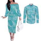 New Zealand Silver Fern Rugby Custom Couples Matching Off The Shoulder Long Sleeve Dress and Long Sleeve Button Shirt Go Aotearoa Champions Turquoise Version - Aussie Hoodie