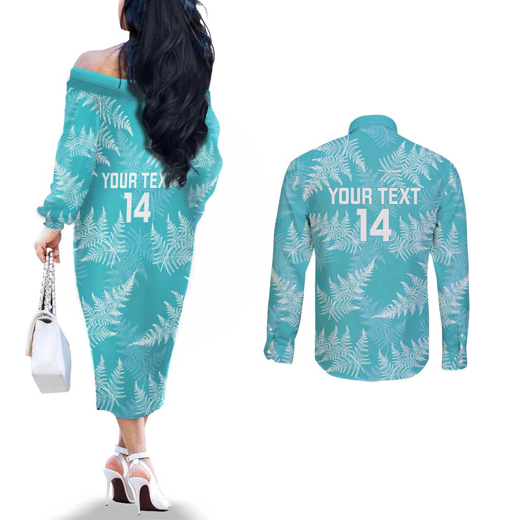 New Zealand Silver Fern Rugby Custom Couples Matching Off The Shoulder Long Sleeve Dress and Long Sleeve Button Shirt Go Aotearoa Champions Turquoise Version - Aussie Hoodie