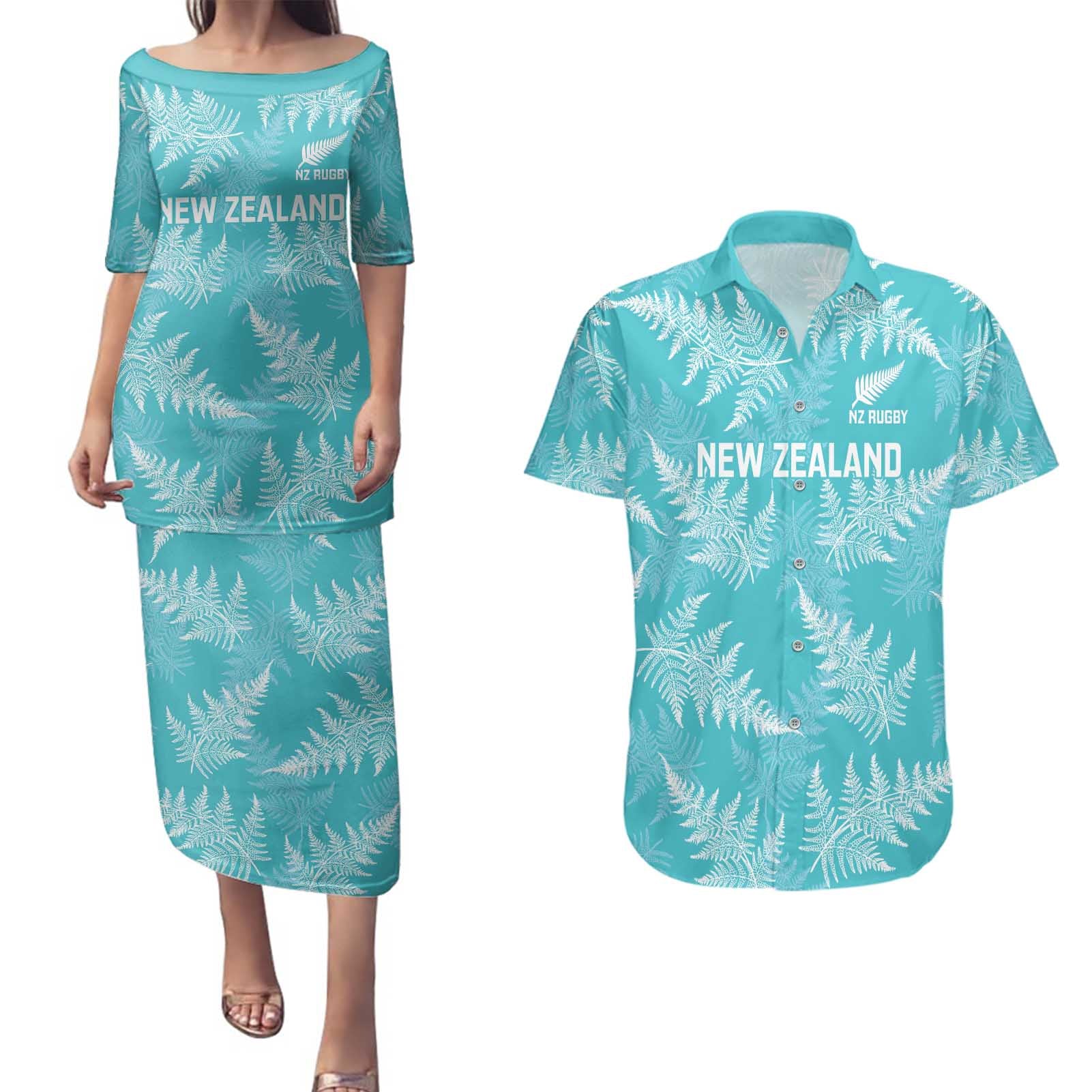 New Zealand Silver Fern Rugby Custom Couples Matching Puletasi and Hawaiian Shirt Go Aotearoa Champions Turquoise Version - Aussie Hoodie