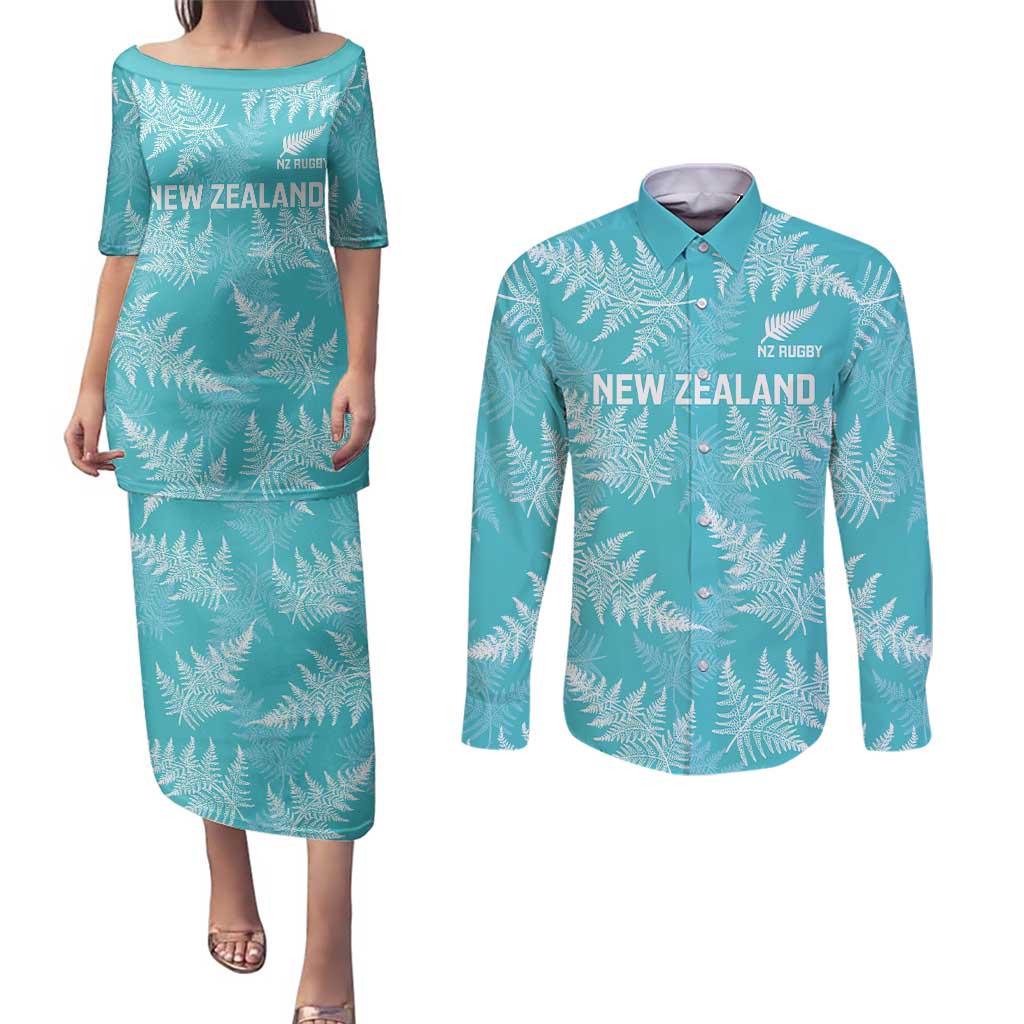 New Zealand Silver Fern Rugby Custom Couples Matching Puletasi and Long Sleeve Button Shirt Go Aotearoa Champions Turquoise Version - Aussie Hoodie