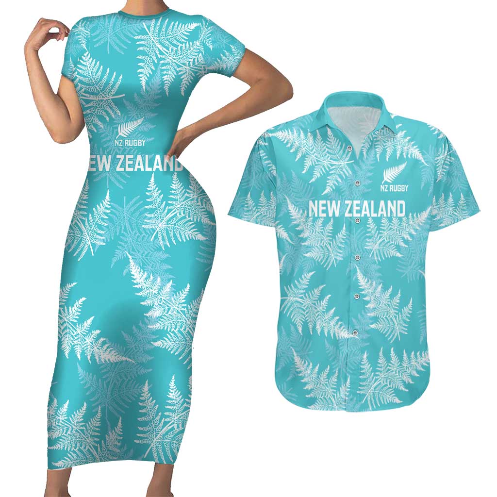 New Zealand Silver Fern Rugby Custom Couples Matching Short Sleeve Bodycon Dress and Hawaiian Shirt Go Aotearoa Champions Turquoise Version - Aussie Hoodie
