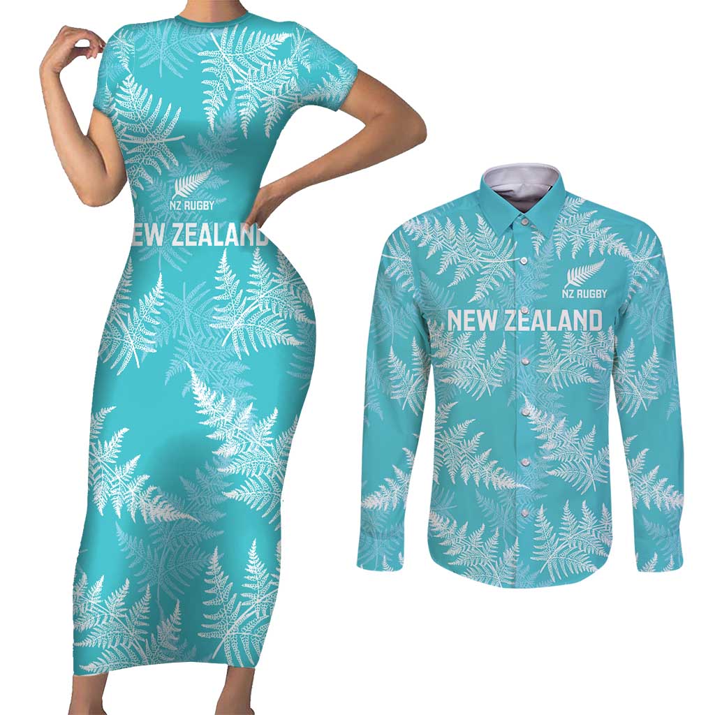 New Zealand Silver Fern Rugby Custom Couples Matching Short Sleeve Bodycon Dress and Long Sleeve Button Shirt Go Aotearoa Champions Turquoise Version - Aussie Hoodie