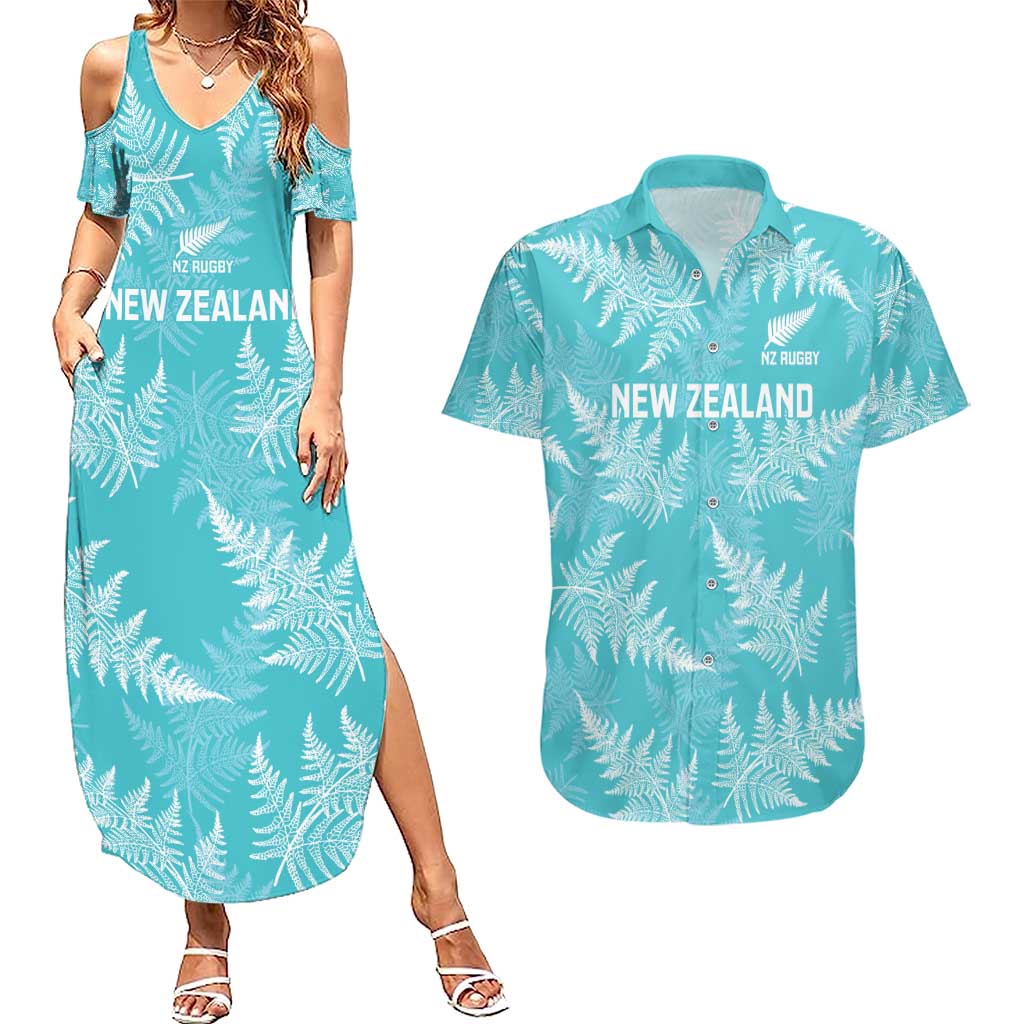 New Zealand Silver Fern Rugby Custom Couples Matching Summer Maxi Dress and Hawaiian Shirt Go Aotearoa Champions Turquoise Version - Aussie Hoodie