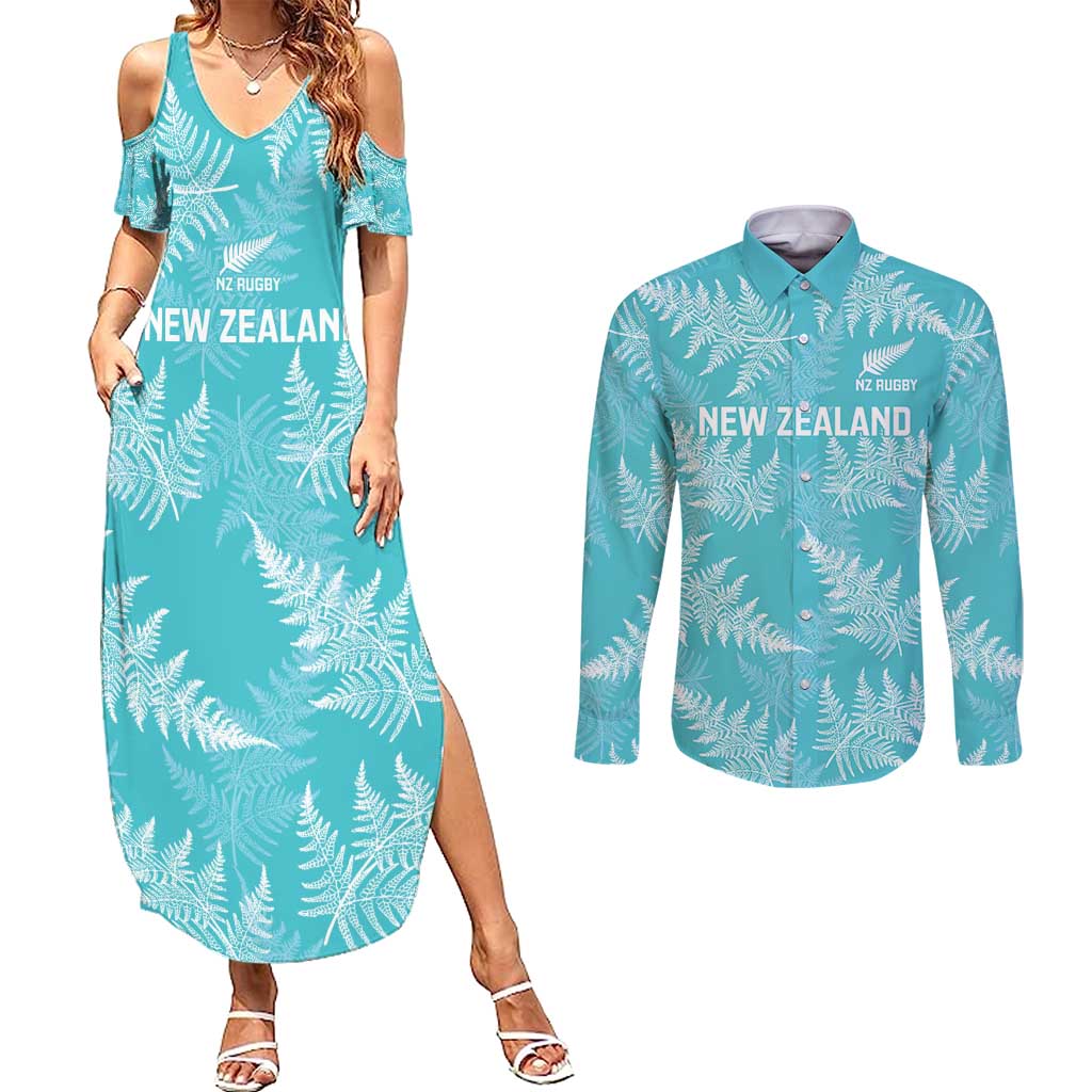 New Zealand Silver Fern Rugby Custom Couples Matching Summer Maxi Dress and Long Sleeve Button Shirt Go Aotearoa Champions Turquoise Version - Aussie Hoodie