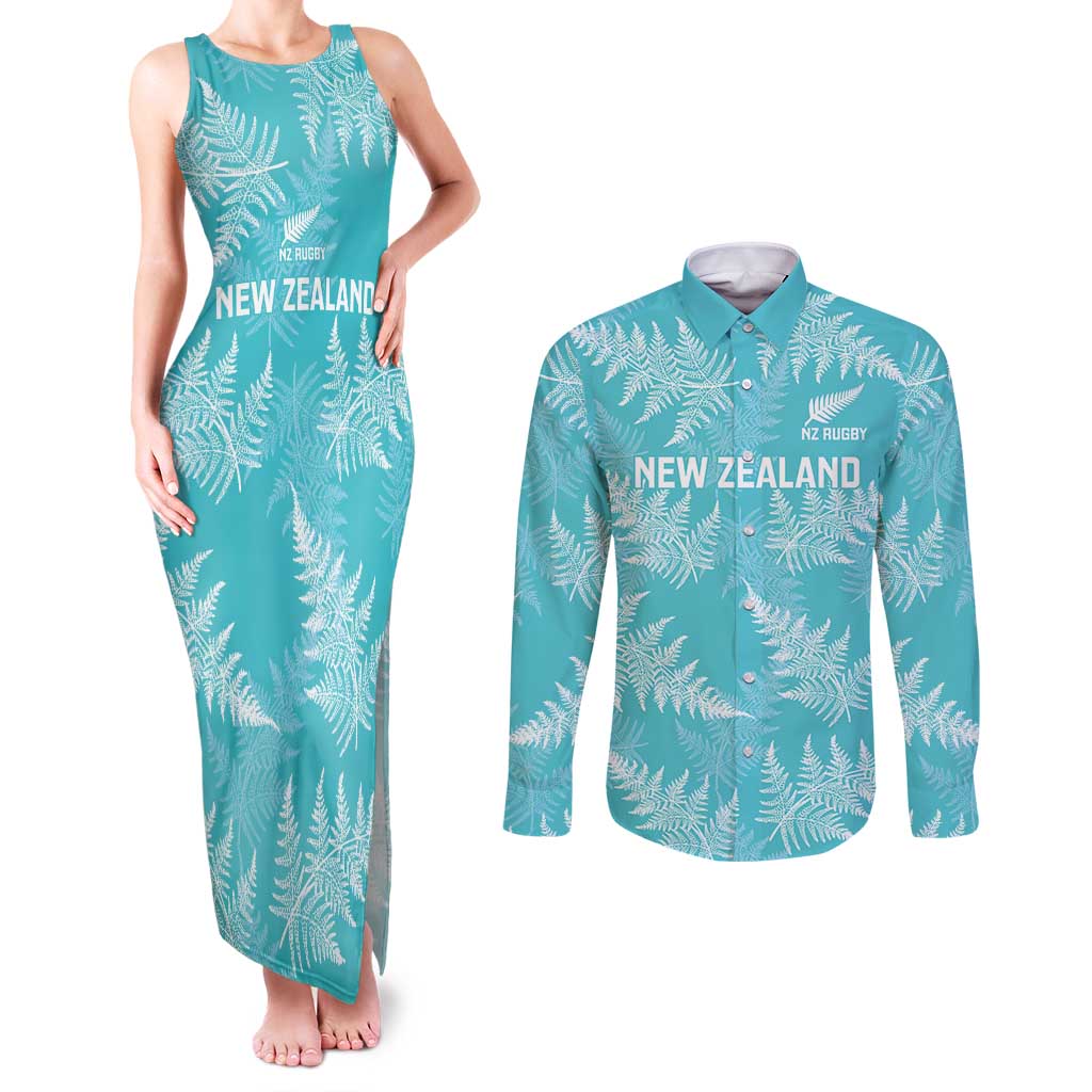 New Zealand Silver Fern Rugby Custom Couples Matching Tank Maxi Dress and Long Sleeve Button Shirt Go Aotearoa Champions Turquoise Version - Aussie Hoodie