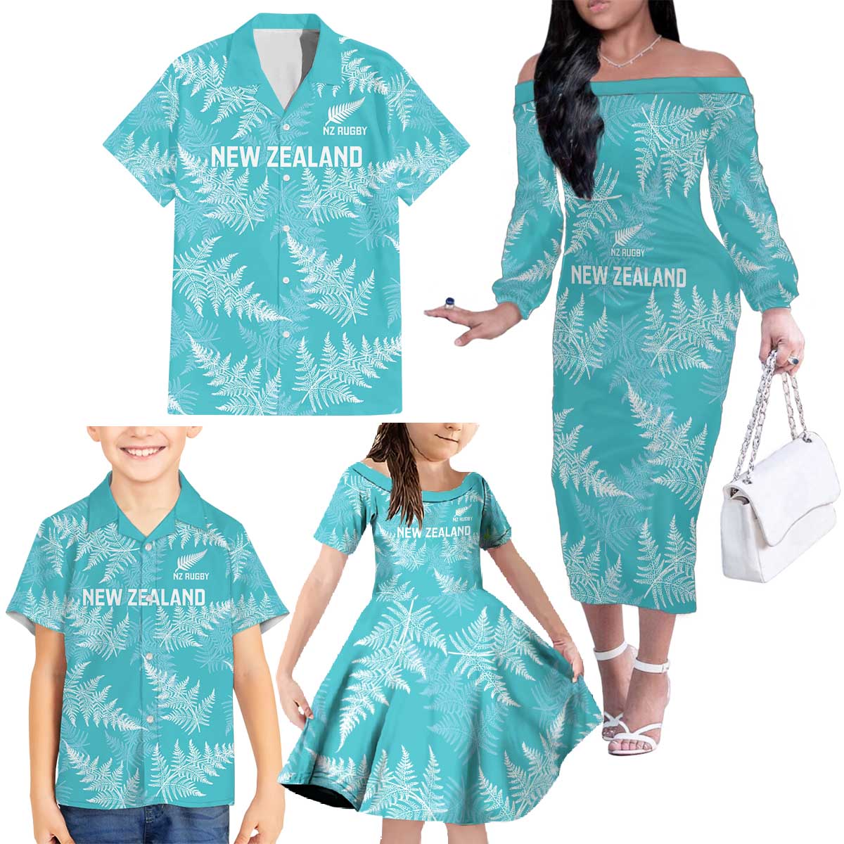 New Zealand Silver Fern Rugby Custom Family Matching Off The Shoulder Long Sleeve Dress and Hawaiian Shirt Go Aotearoa Champions Turquoise Version - Aussie Hoodie