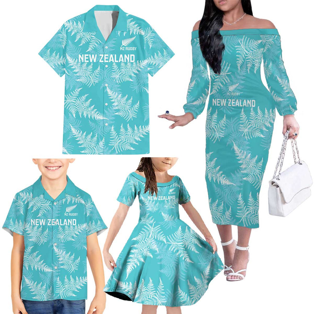 New Zealand Silver Fern Rugby Custom Family Matching Off The Shoulder Long Sleeve Dress and Hawaiian Shirt Go Aotearoa Champions Turquoise Version - Aussie Hoodie