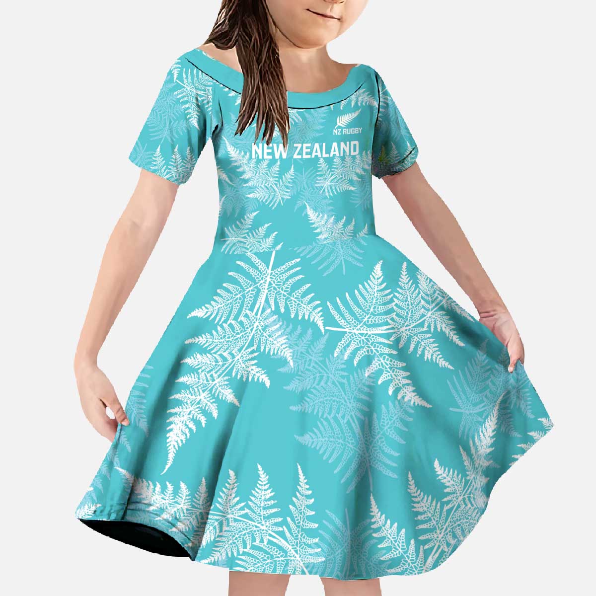 New Zealand Silver Fern Rugby Custom Family Matching Off The Shoulder Long Sleeve Dress and Hawaiian Shirt Go Aotearoa Champions Turquoise Version - Aussie Hoodie