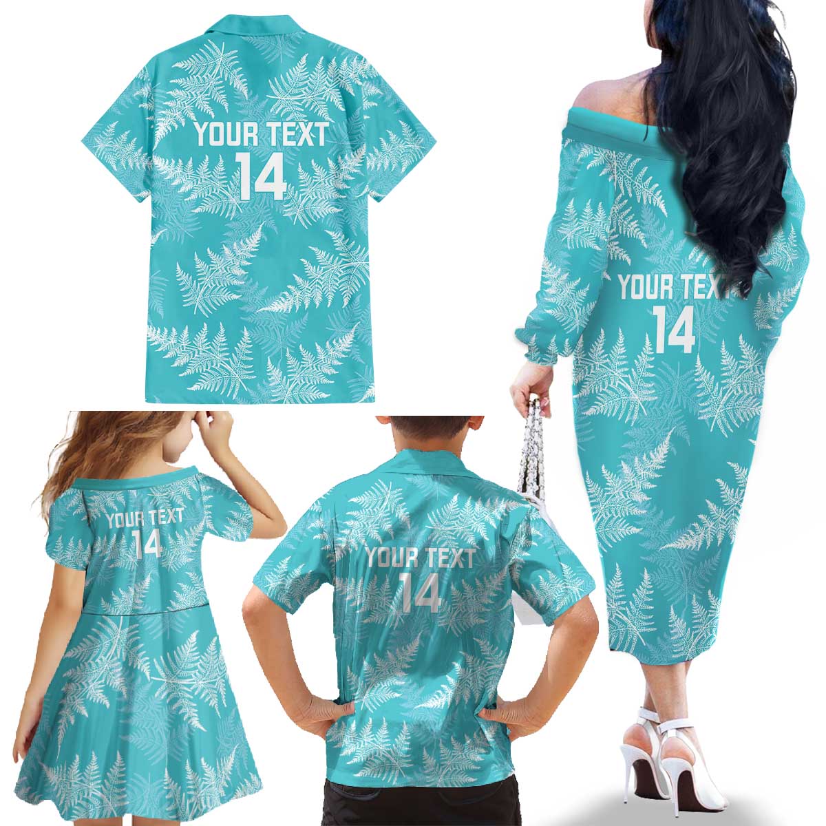New Zealand Silver Fern Rugby Custom Family Matching Off The Shoulder Long Sleeve Dress and Hawaiian Shirt Go Aotearoa Champions Turquoise Version - Aussie Hoodie