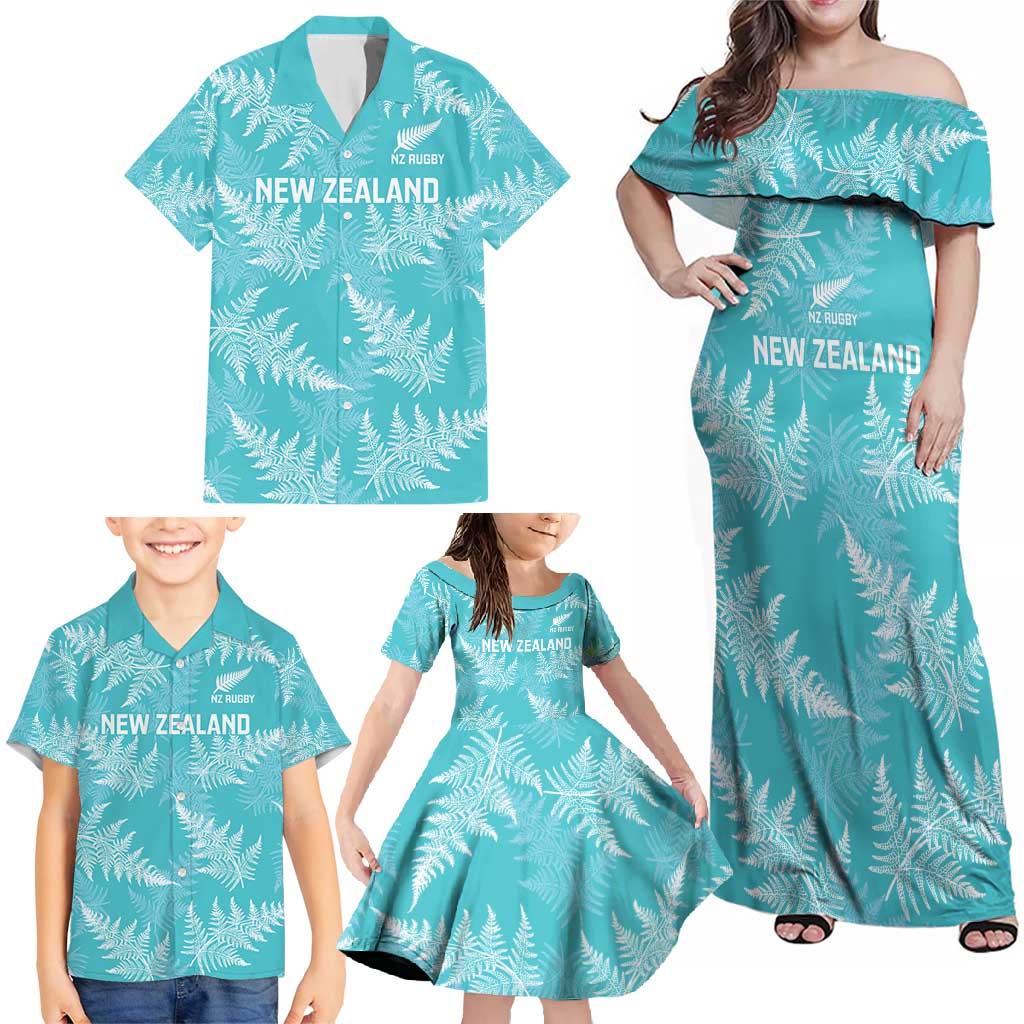 New Zealand Silver Fern Rugby Custom Family Matching Off Shoulder Maxi Dress and Hawaiian Shirt Go Aotearoa Champions Turquoise Version - Aussie Hoodie