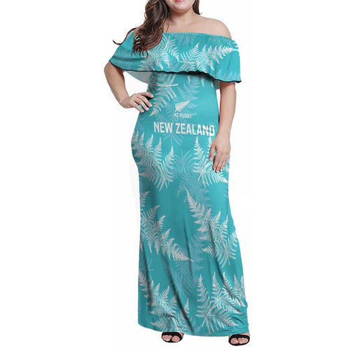 New Zealand Silver Fern Rugby Custom Family Matching Off Shoulder Maxi Dress and Hawaiian Shirt Go Aotearoa Champions Turquoise Version - Aussie Hoodie