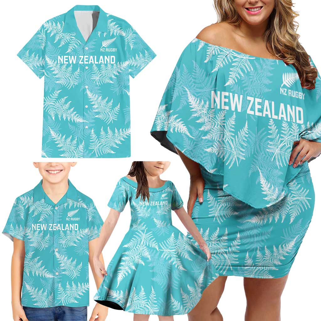 New Zealand Silver Fern Rugby Custom Family Matching Off Shoulder Short Dress and Hawaiian Shirt Go Aotearoa Champions Turquoise Version - Aussie Hoodie
