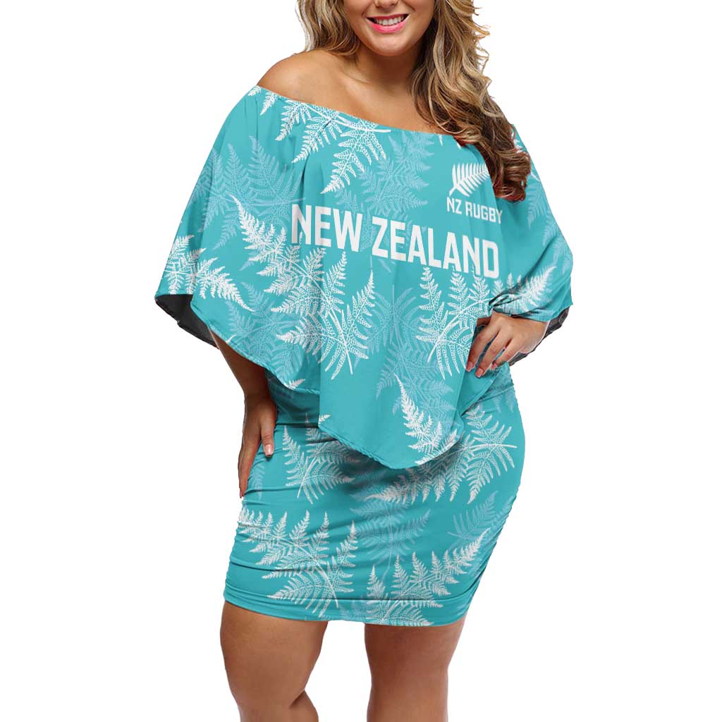 New Zealand Silver Fern Rugby Custom Family Matching Off Shoulder Short Dress and Hawaiian Shirt Go Aotearoa Champions Turquoise Version - Aussie Hoodie