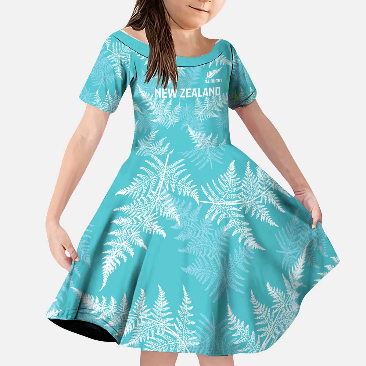 New Zealand Silver Fern Rugby Custom Kid Short Sleeve Dress Go Aotearoa Champions Turquoise Version - Aussie Hoodie