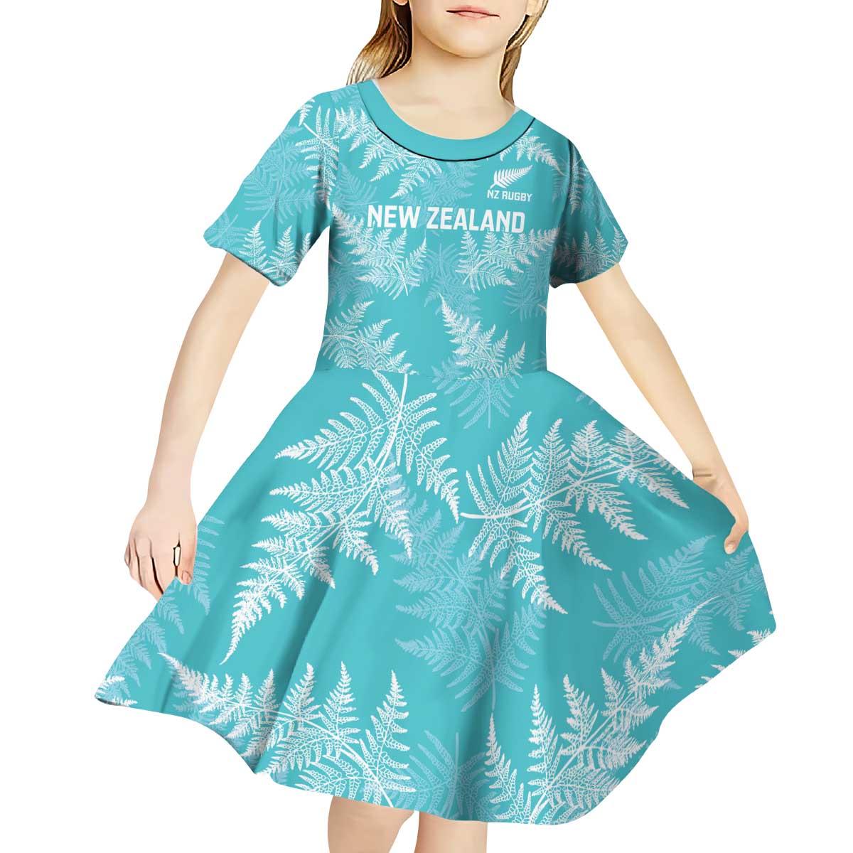 New Zealand Silver Fern Rugby Custom Kid Short Sleeve Dress Go Aotearoa Champions Turquoise Version - Aussie Hoodie