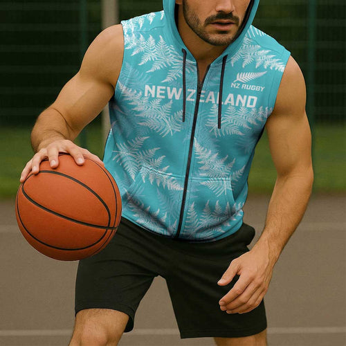 New Zealand Silver Fern Rugby Custom Sleeveless Zip Hoodie Go Aotearoa Champions Turquoise Version LT14