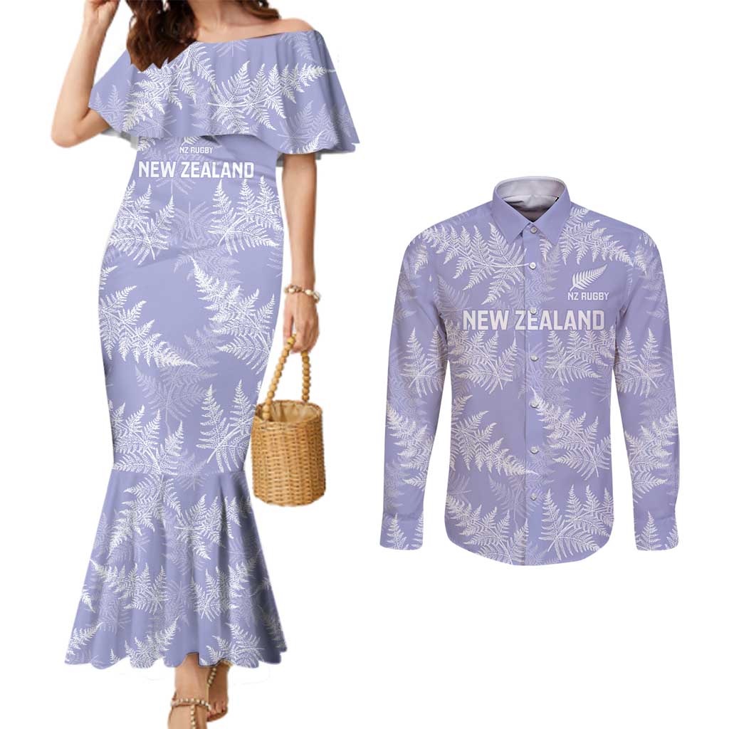 New Zealand Silver Fern Rugby Custom Couples Matching Mermaid Dress and Long Sleeve Button Shirt Go Aotearoa Champions Purple Version - Aussie Hoodie