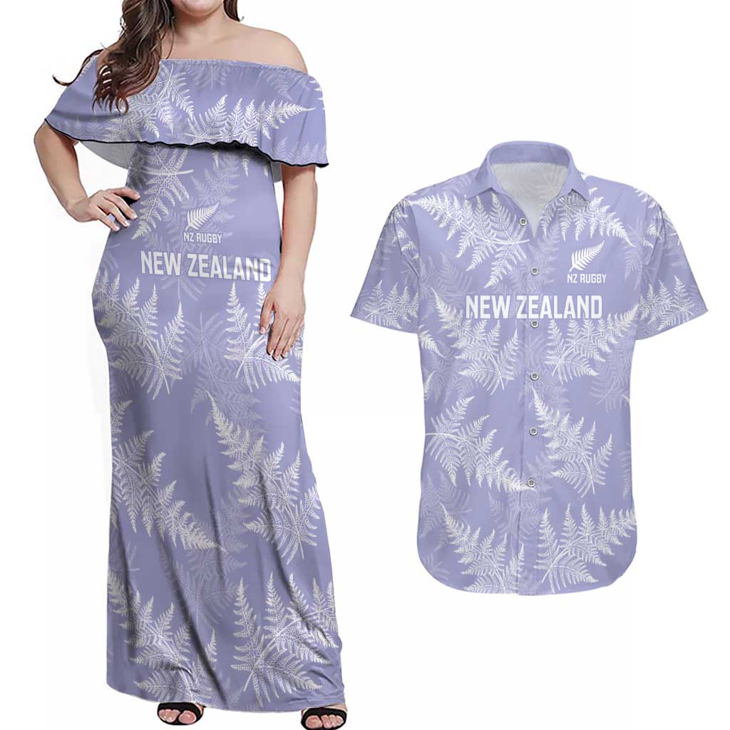New Zealand Silver Fern Rugby Custom Couples Matching Off Shoulder Maxi Dress and Hawaiian Shirt Go Aotearoa Champions Purple Version - Aussie Hoodie