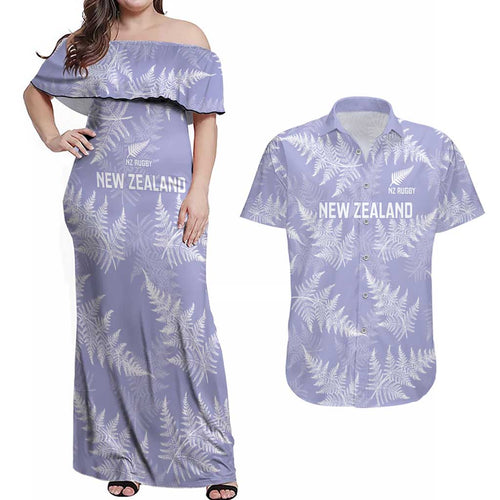 New Zealand Silver Fern Rugby Custom Couples Matching Off Shoulder Maxi Dress and Hawaiian Shirt Go Aotearoa Champions Purple Version - Aussie Hoodie