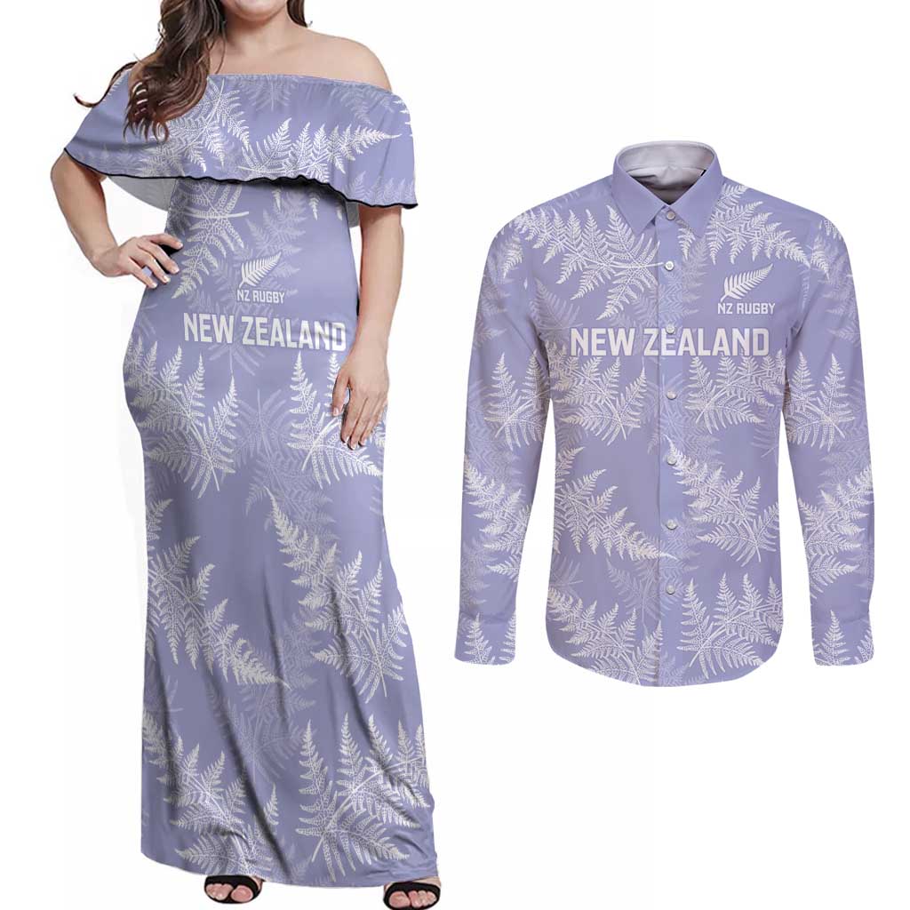 New Zealand Silver Fern Rugby Custom Couples Matching Off Shoulder Maxi Dress and Long Sleeve Button Shirt Go Aotearoa Champions Purple Version - Aussie Hoodie