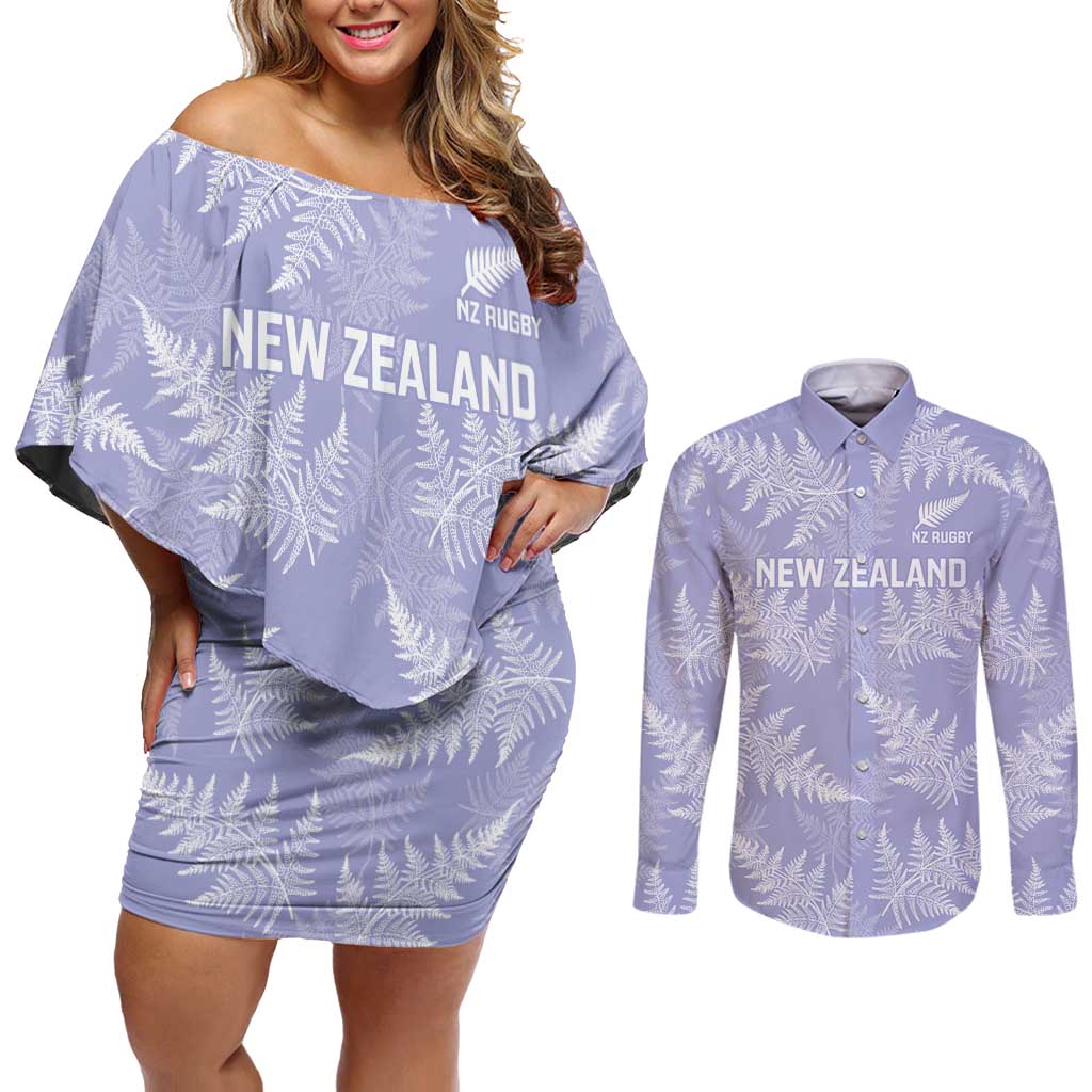 New Zealand Silver Fern Rugby Custom Couples Matching Off Shoulder Short Dress and Long Sleeve Button Shirt Go Aotearoa Champions Purple Version - Aussie Hoodie