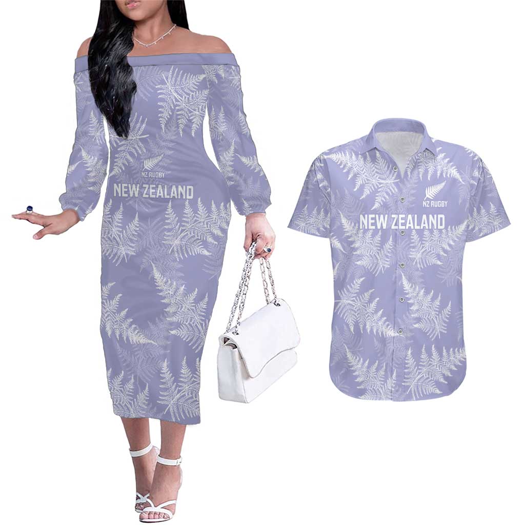 New Zealand Silver Fern Rugby Custom Couples Matching Off The Shoulder Long Sleeve Dress and Hawaiian Shirt Go Aotearoa Champions Purple Version - Aussie Hoodie