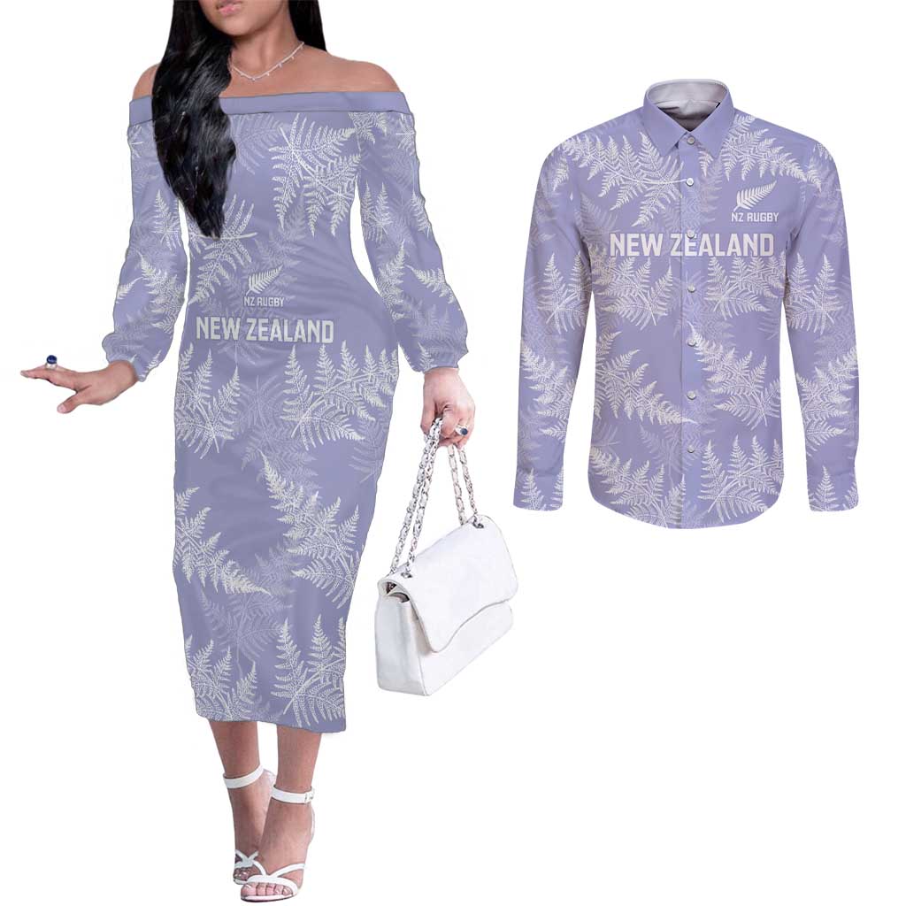 New Zealand Silver Fern Rugby Custom Couples Matching Off The Shoulder Long Sleeve Dress and Long Sleeve Button Shirt Go Aotearoa Champions Purple Version - Aussie Hoodie