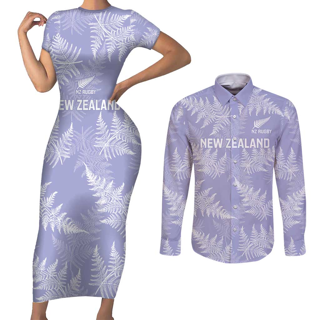 New Zealand Silver Fern Rugby Custom Couples Matching Short Sleeve Bodycon Dress and Long Sleeve Button Shirt Go Aotearoa Champions Purple Version - Aussie Hoodie