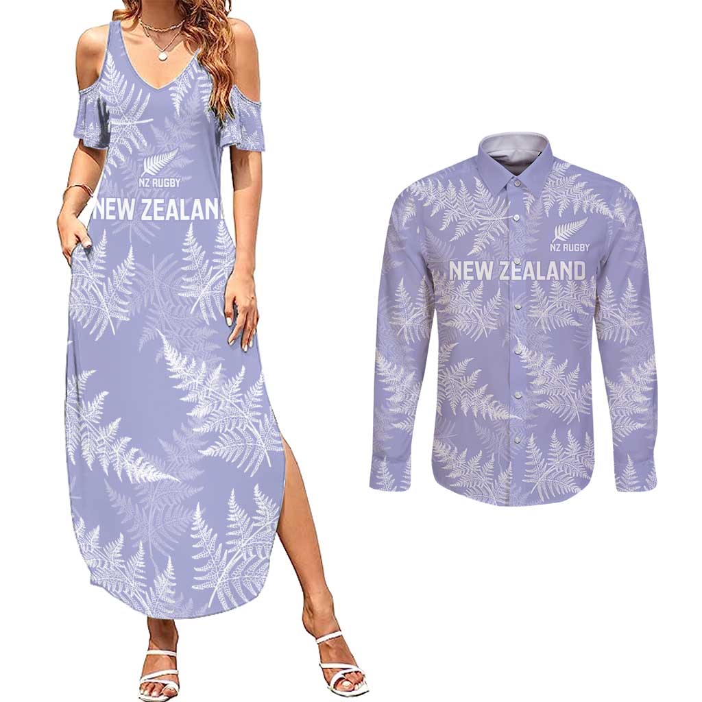 New Zealand Silver Fern Rugby Custom Couples Matching Summer Maxi Dress and Long Sleeve Button Shirt Go Aotearoa Champions Purple Version - Aussie Hoodie