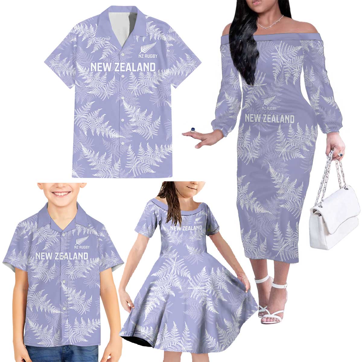 New Zealand Silver Fern Rugby Custom Family Matching Off The Shoulder Long Sleeve Dress and Hawaiian Shirt Go Aotearoa Champions Purple Version - Aussie Hoodie