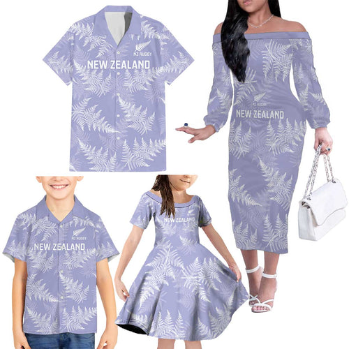 New Zealand Silver Fern Rugby Custom Family Matching Off The Shoulder Long Sleeve Dress and Hawaiian Shirt Go Aotearoa Champions Purple Version - Aussie Hoodie