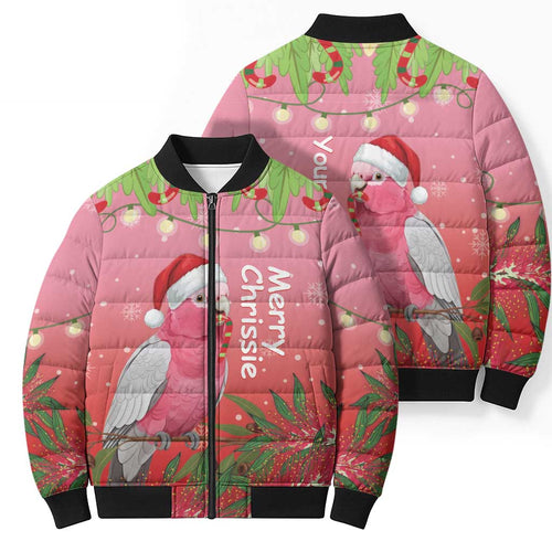 Personalised Galah Australia Christmas Bomber Puffer Jacket Merry Chrissie Bottlebrushes - Aussie Hoodie
