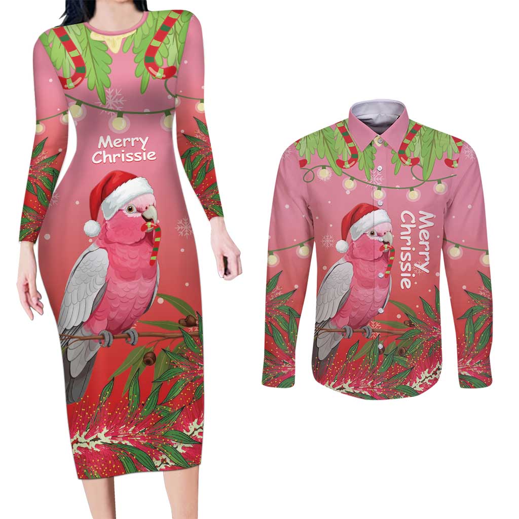 Personalised Galah Australia Christmas Couples Matching Long Sleeve Bodycon Dress and Long Sleeve Button Shirt Merry Chrissie Bottlebrushes - Aussie Hoodie