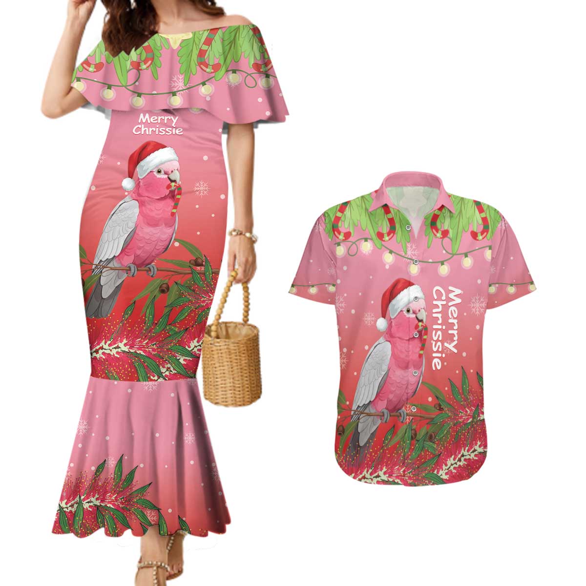 Personalised Galah Australia Christmas Couples Matching Mermaid Dress and Hawaiian Shirt Merry Chrissie Bottlebrushes - Aussie Hoodie