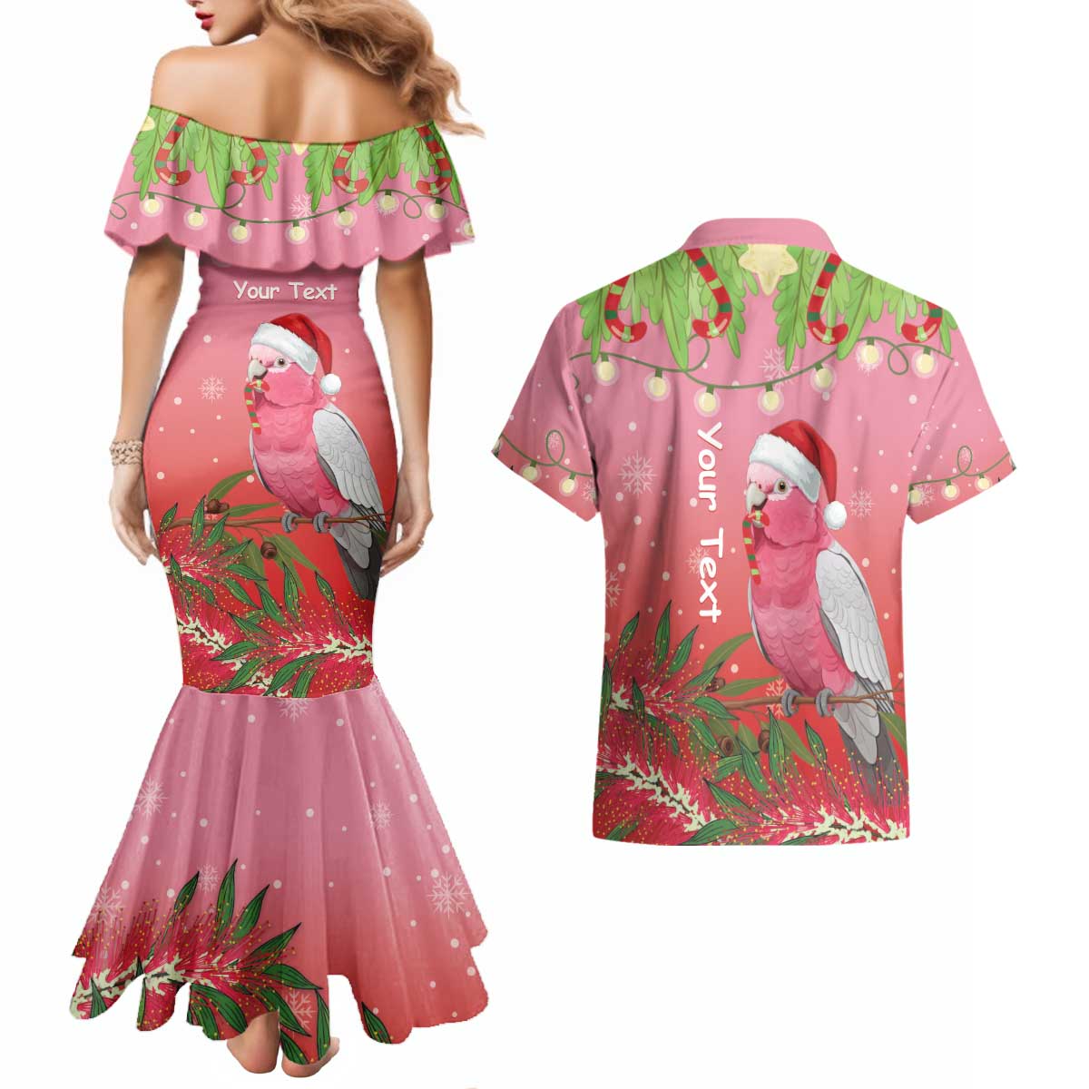 Personalised Galah Australia Christmas Couples Matching Mermaid Dress and Hawaiian Shirt Merry Chrissie Bottlebrushes - Aussie Hoodie