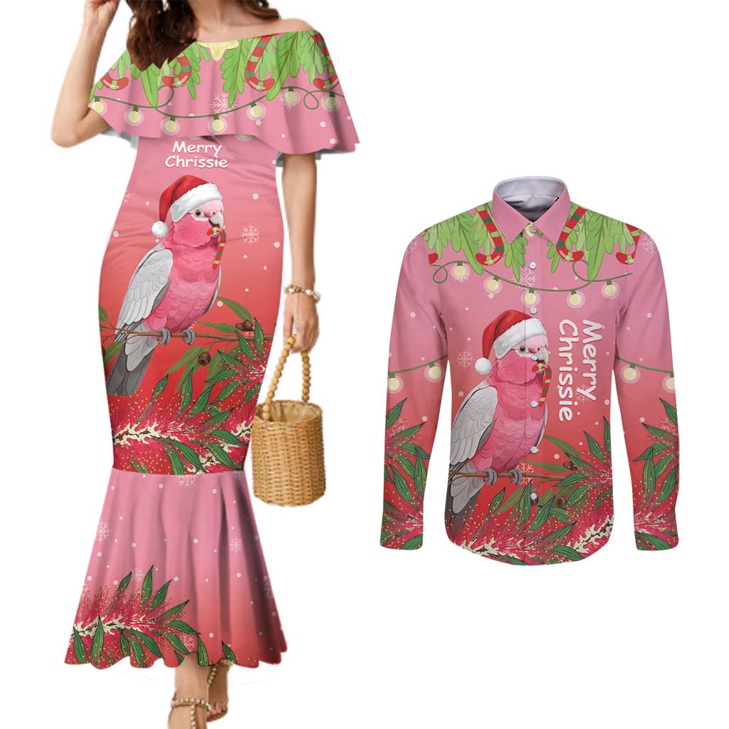 Personalised Galah Australia Christmas Couples Matching Mermaid Dress and Long Sleeve Button Shirt Merry Chrissie Bottlebrushes - Aussie Hoodie