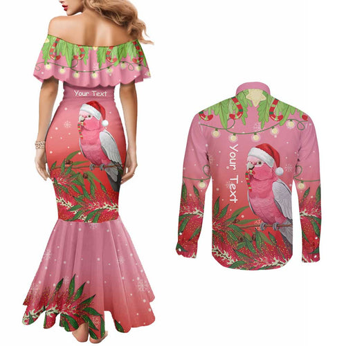 Personalised Galah Australia Christmas Couples Matching Mermaid Dress and Long Sleeve Button Shirt Merry Chrissie Bottlebrushes - Aussie Hoodie