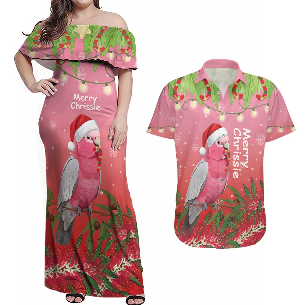Personalised Galah Australia Christmas Couples Matching Off Shoulder Maxi Dress and Hawaiian Shirt Merry Chrissie Bottlebrushes - Aussie Hoodie