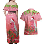 Personalised Galah Australia Christmas Couples Matching Off Shoulder Maxi Dress and Hawaiian Shirt Merry Chrissie Bottlebrushes - Aussie Hoodie