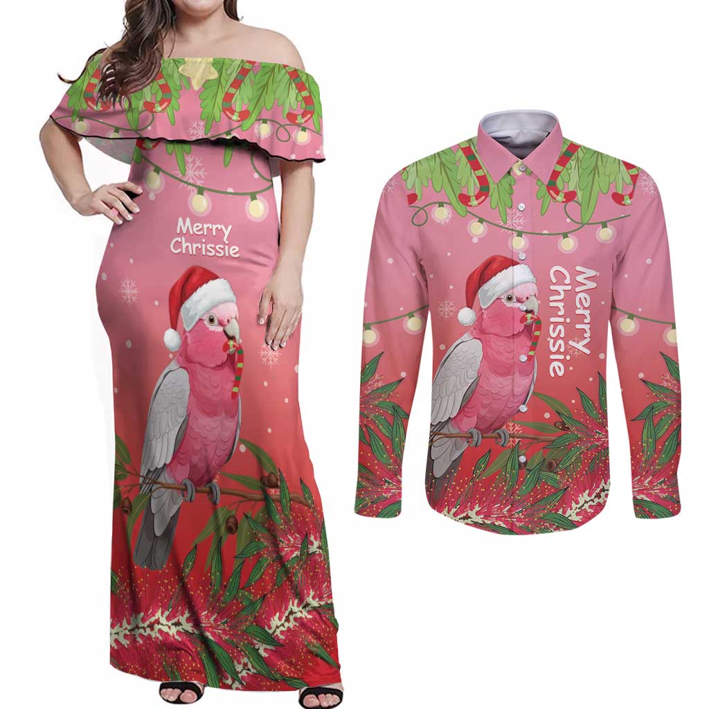Personalised Galah Australia Christmas Couples Matching Off Shoulder Maxi Dress and Long Sleeve Button Shirt Merry Chrissie Bottlebrushes - Aussie Hoodie