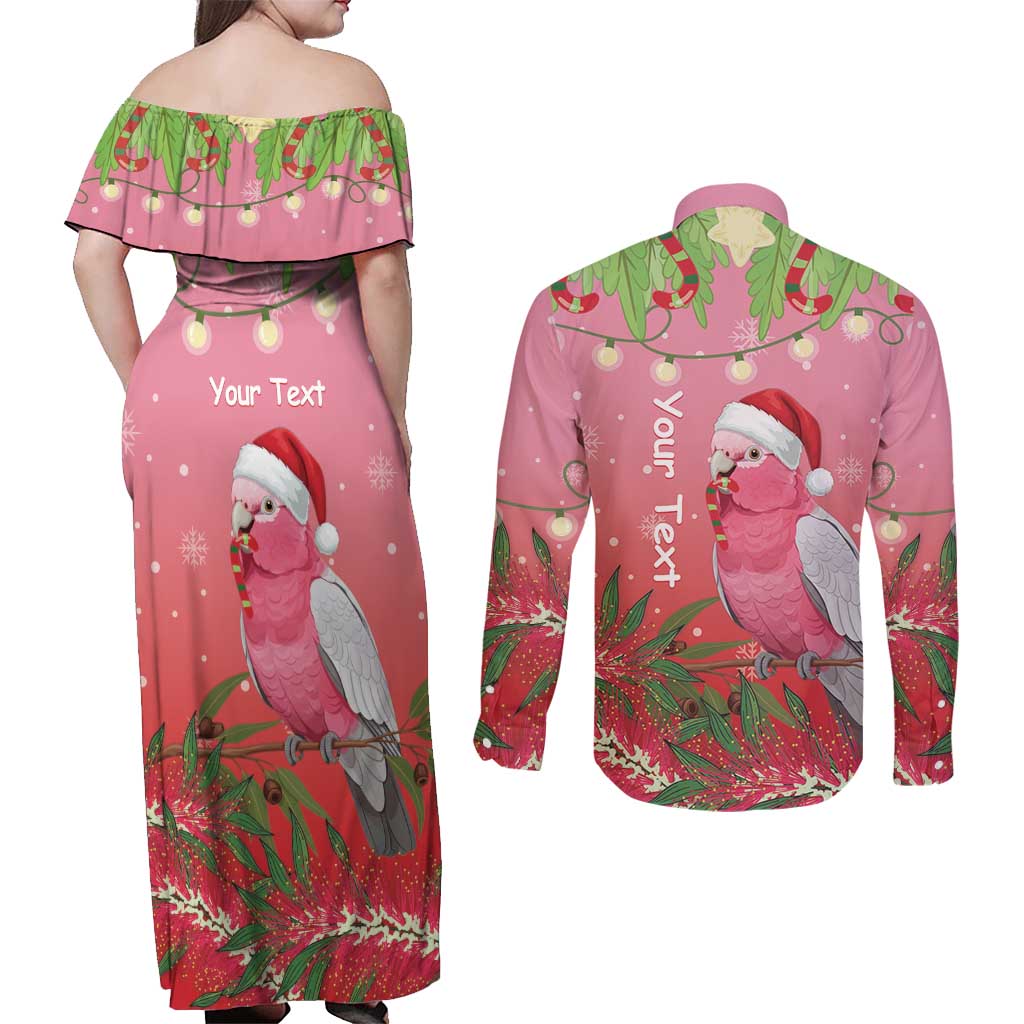 Personalised Galah Australia Christmas Couples Matching Off Shoulder Maxi Dress and Long Sleeve Button Shirt Merry Chrissie Bottlebrushes - Aussie Hoodie