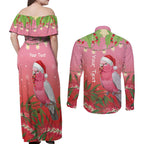 Personalised Galah Australia Christmas Couples Matching Off Shoulder Maxi Dress and Long Sleeve Button Shirt Merry Chrissie Bottlebrushes - Aussie Hoodie